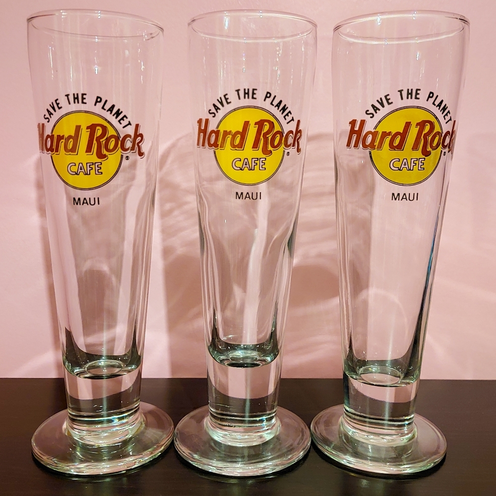 3 Save The Planet Hard Rock Cafe Maui Footed Pilsner Glasses